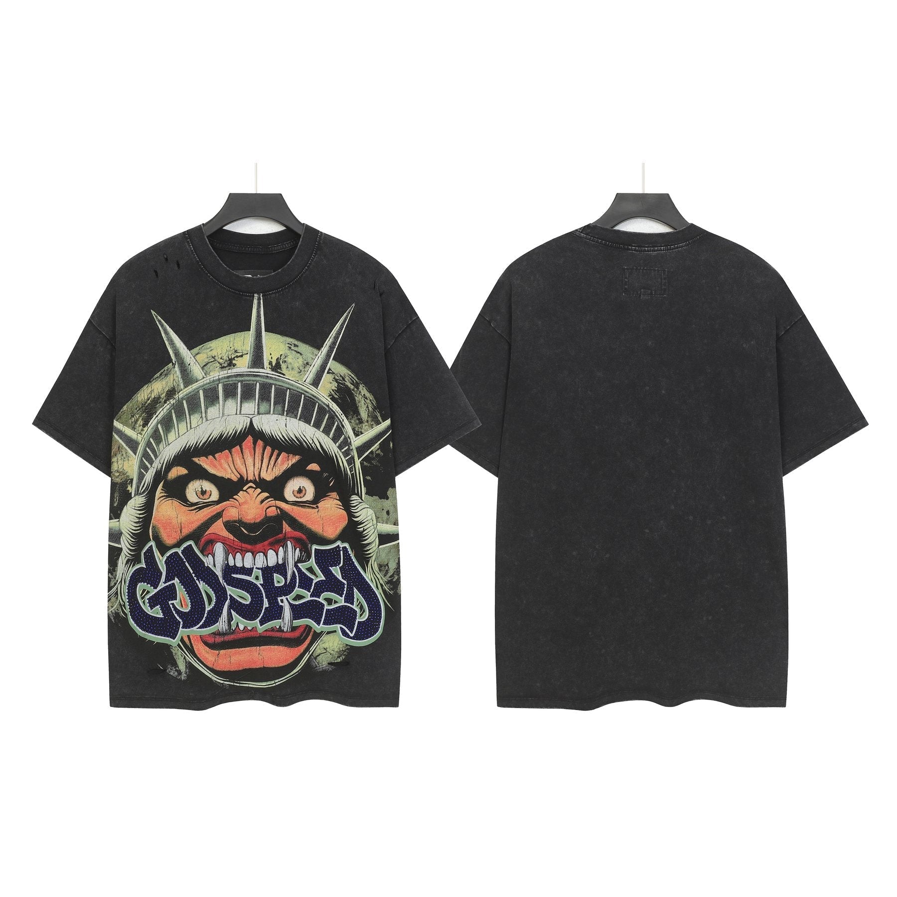 Godspeed Distressed Rhinestone Graphic T-Shirt — front