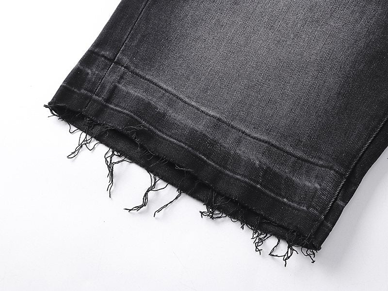 Purple Brand Black Paint-Splatter Distressed Denim Shorts — detail