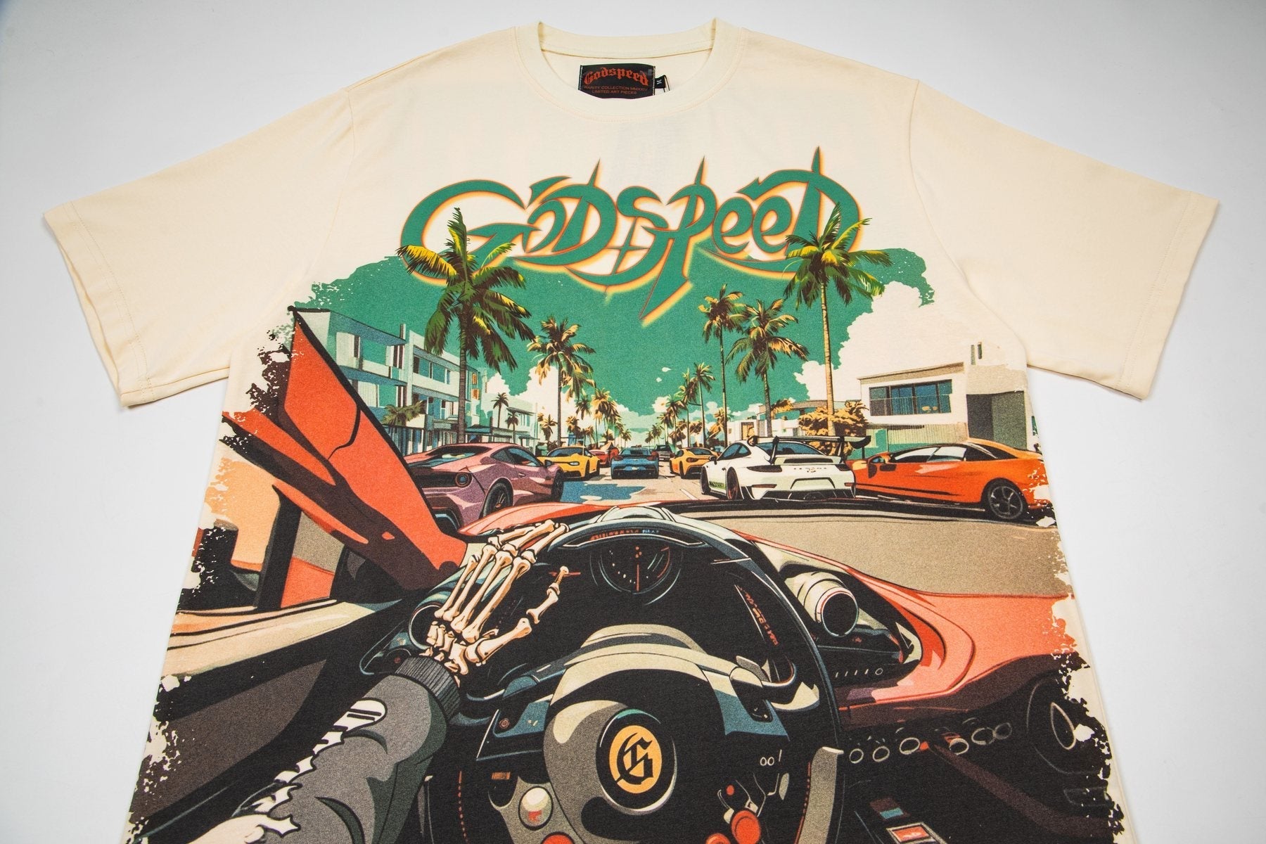 Godspeed Retro Car & Palm Tree Graphic T-Shirt — front