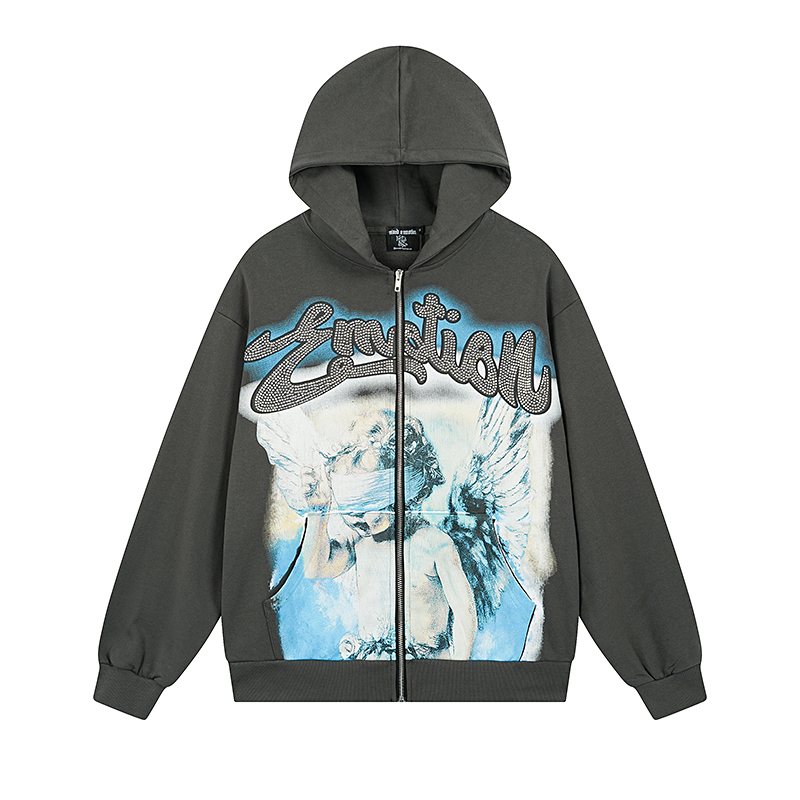 MIXED EMOTION Diamond Graphic Zip-Up Hoodie — front