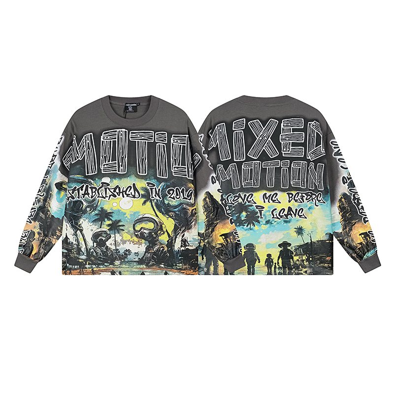 MIXED EMOTION Gray Graffiti Graphic Long-Sleeve T-Shirt — hero