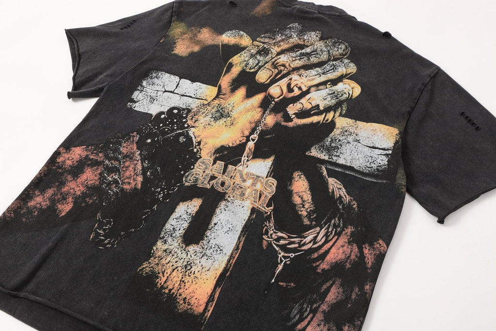 SAINT Washed Black Front & Back Graphic T-Shirt — detail