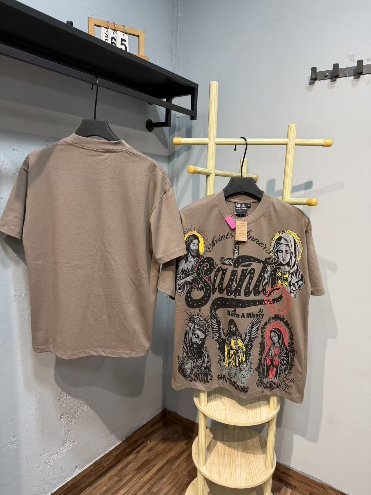 SAINT Rhinestone Religious Graphic T-Shirt — context