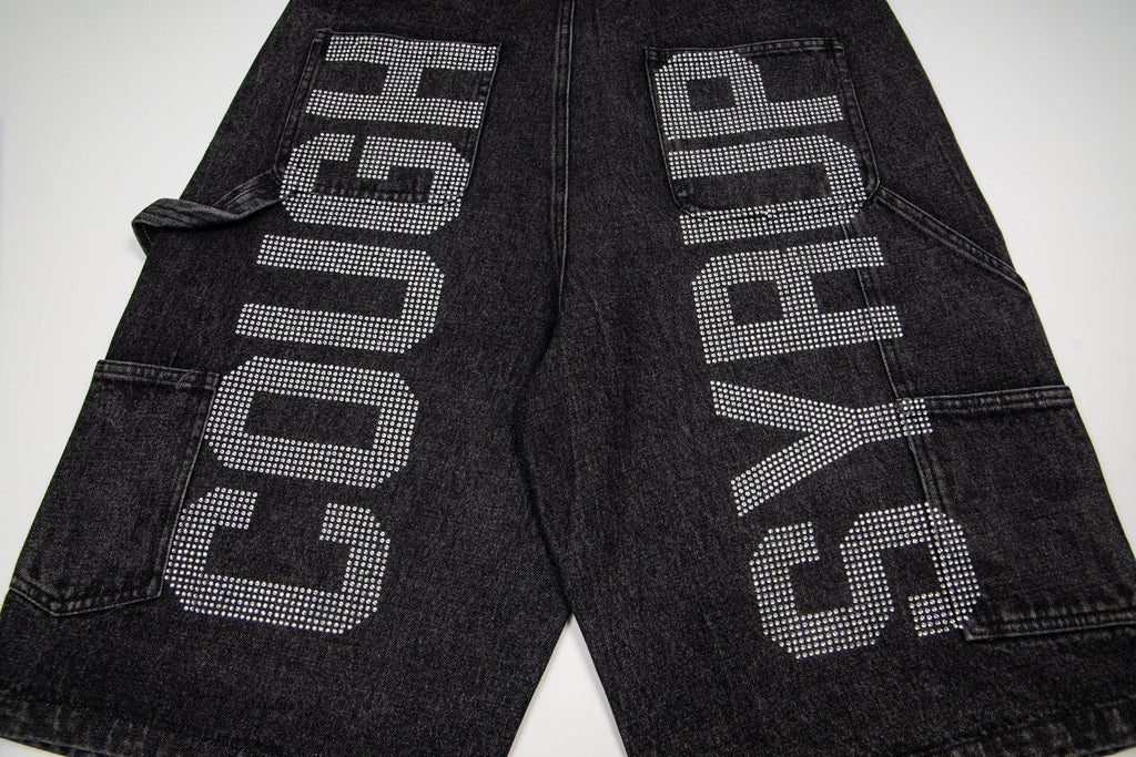 THAT'S A AWFUL LOT OF COUGH SYRUP Rhinestone Washed Denim Shorts — detail