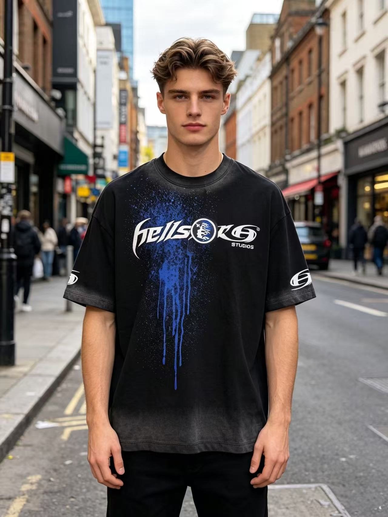 Hellstar STLDOS Blue Spray Graphic T-Shirt — model