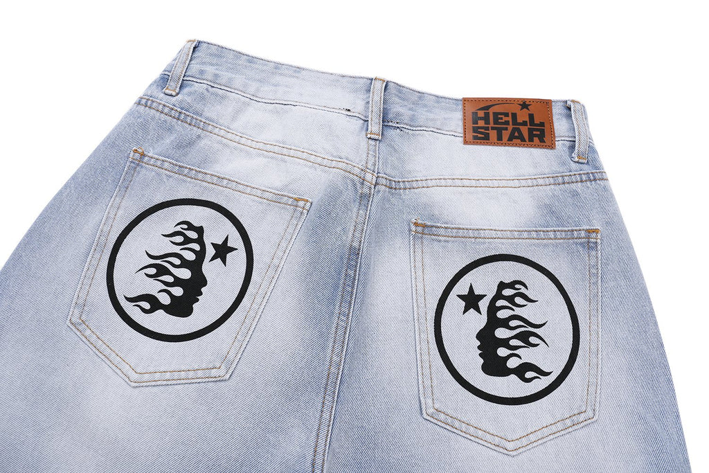Hellstar Light Blue Washed Graphic Jeans — detail