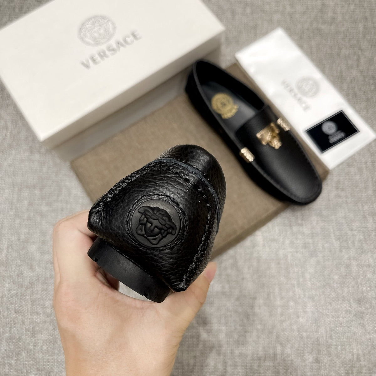 Versace Men's Black Loafers with Gold-Tone Hardware — detail