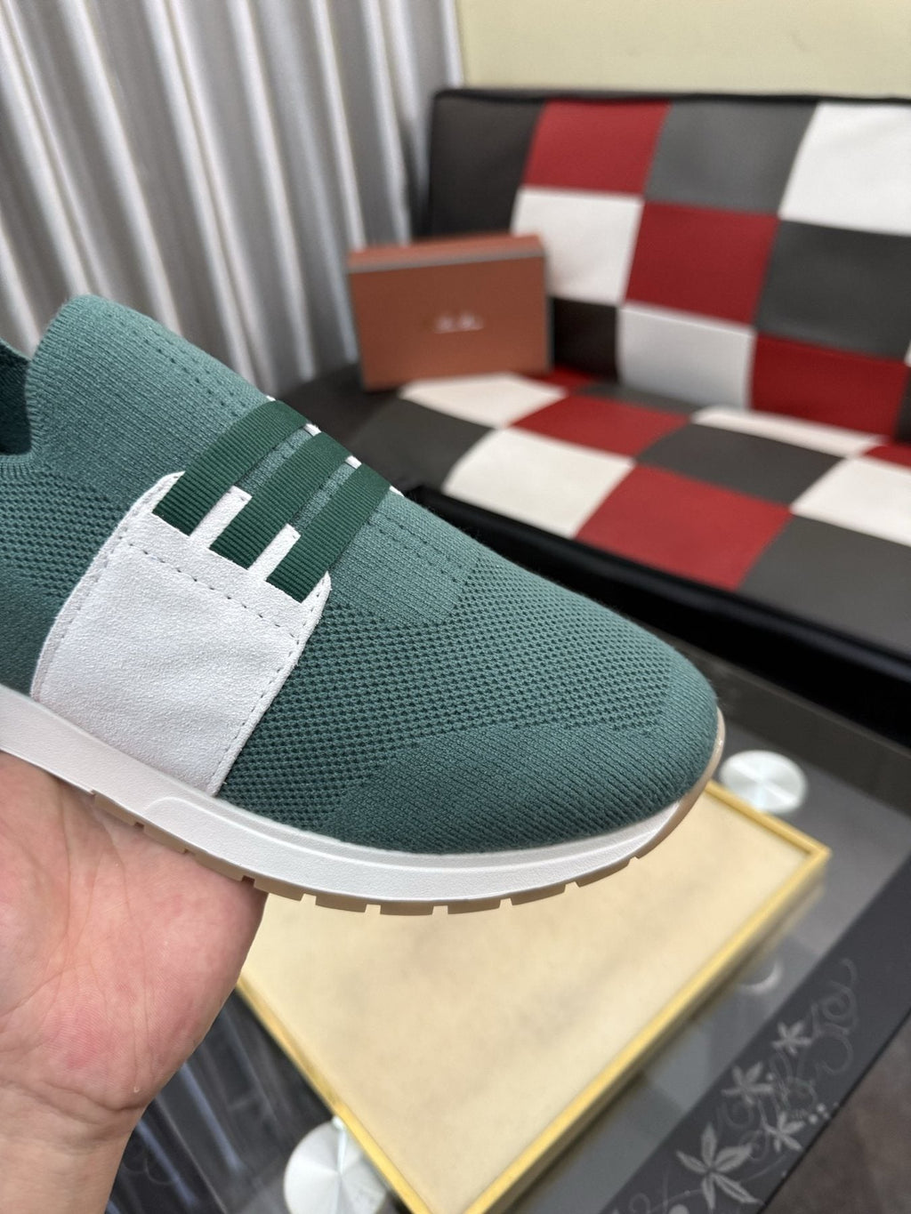 Men's Teal Green Slip-On Sneakers with White Band — detail