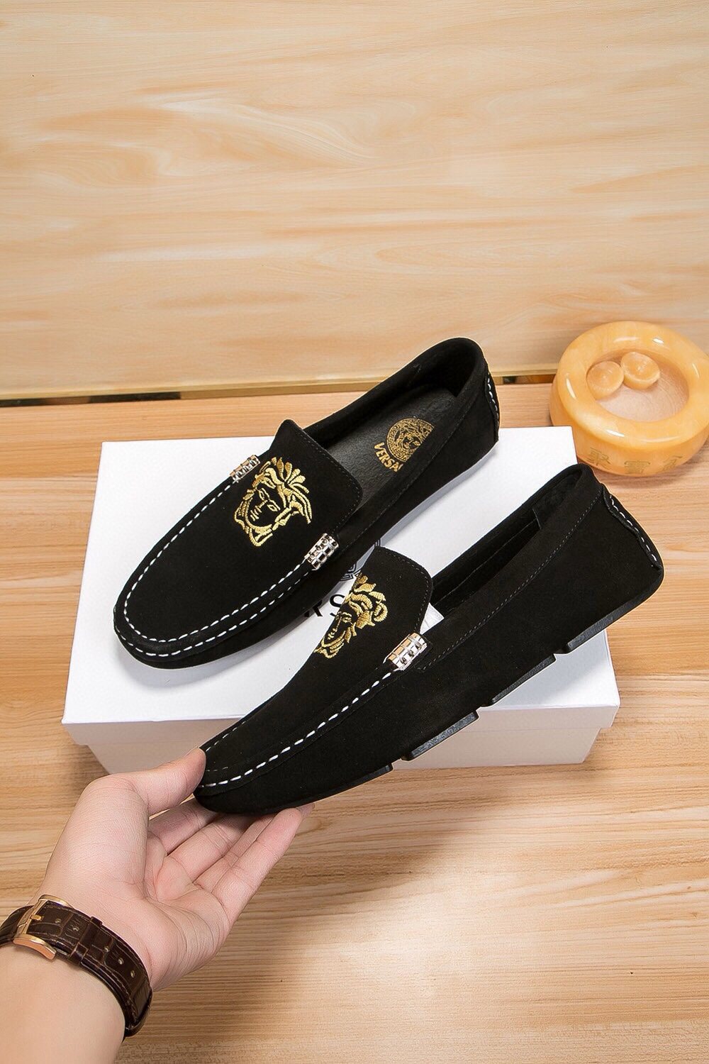 Versace Men's Gold-Embroidered Loafers — model
