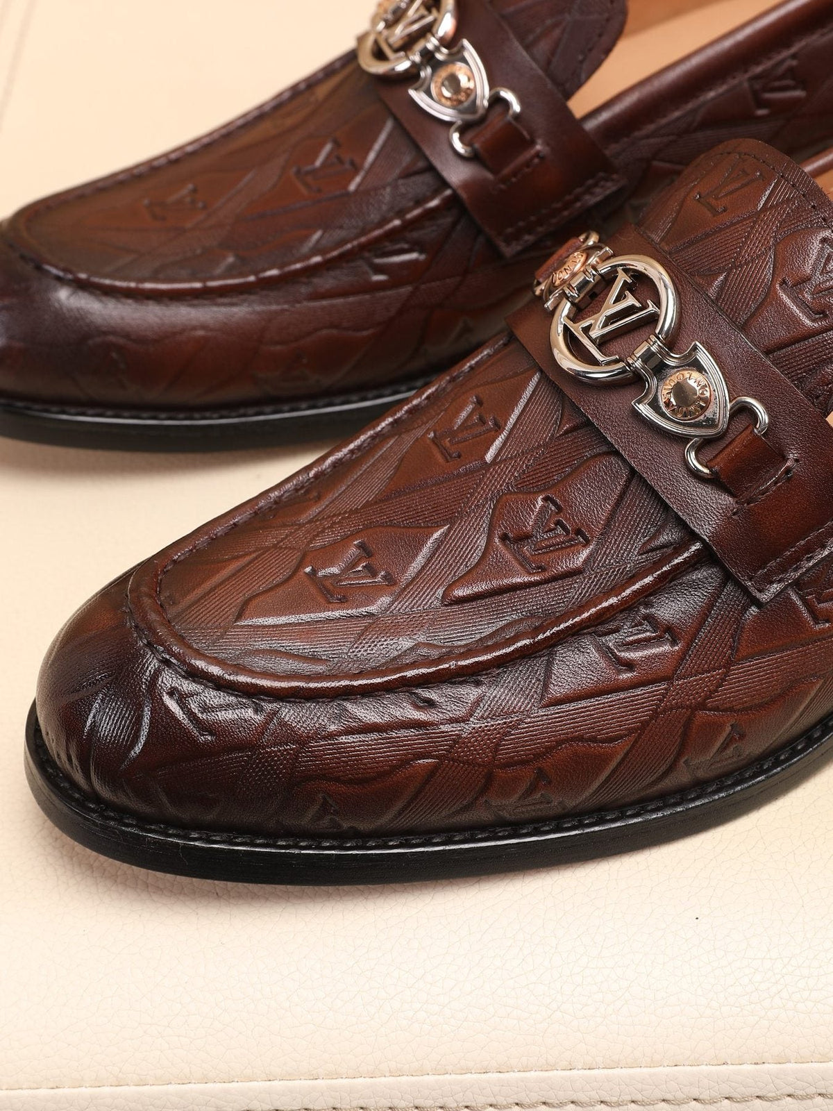 Louis Vuitton Dark Brown Embossed Loafers — detail