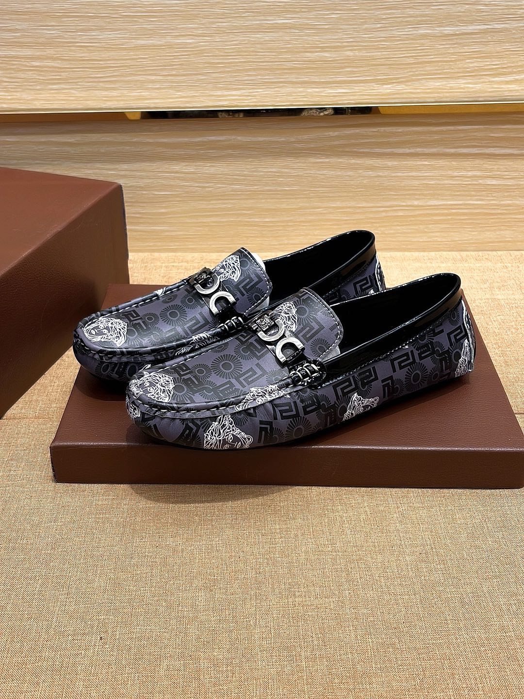 Versace Black and Gray Patterned Loafers — front