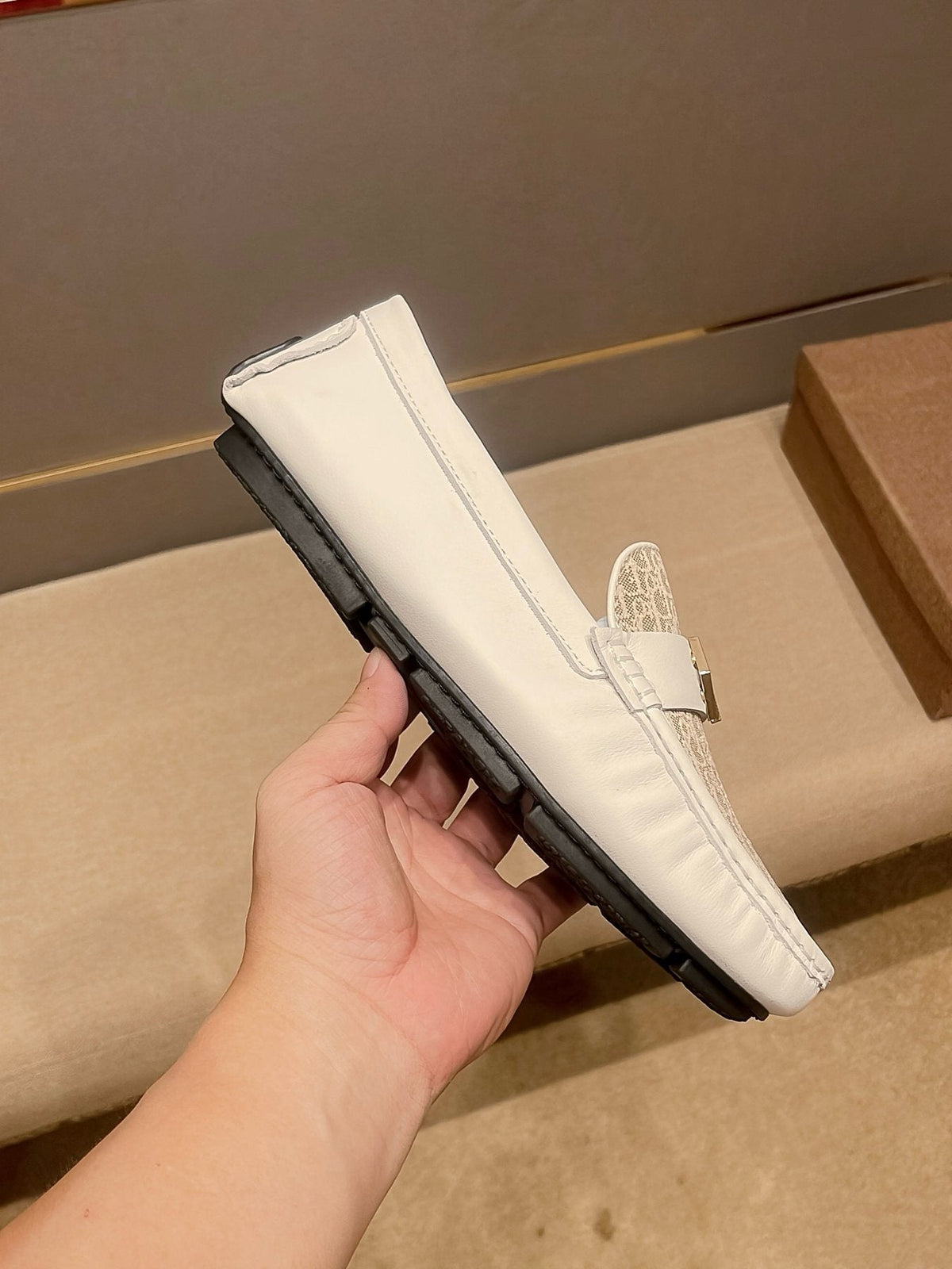 Dior Men's Ivory and Beige Patterned Loafers — side