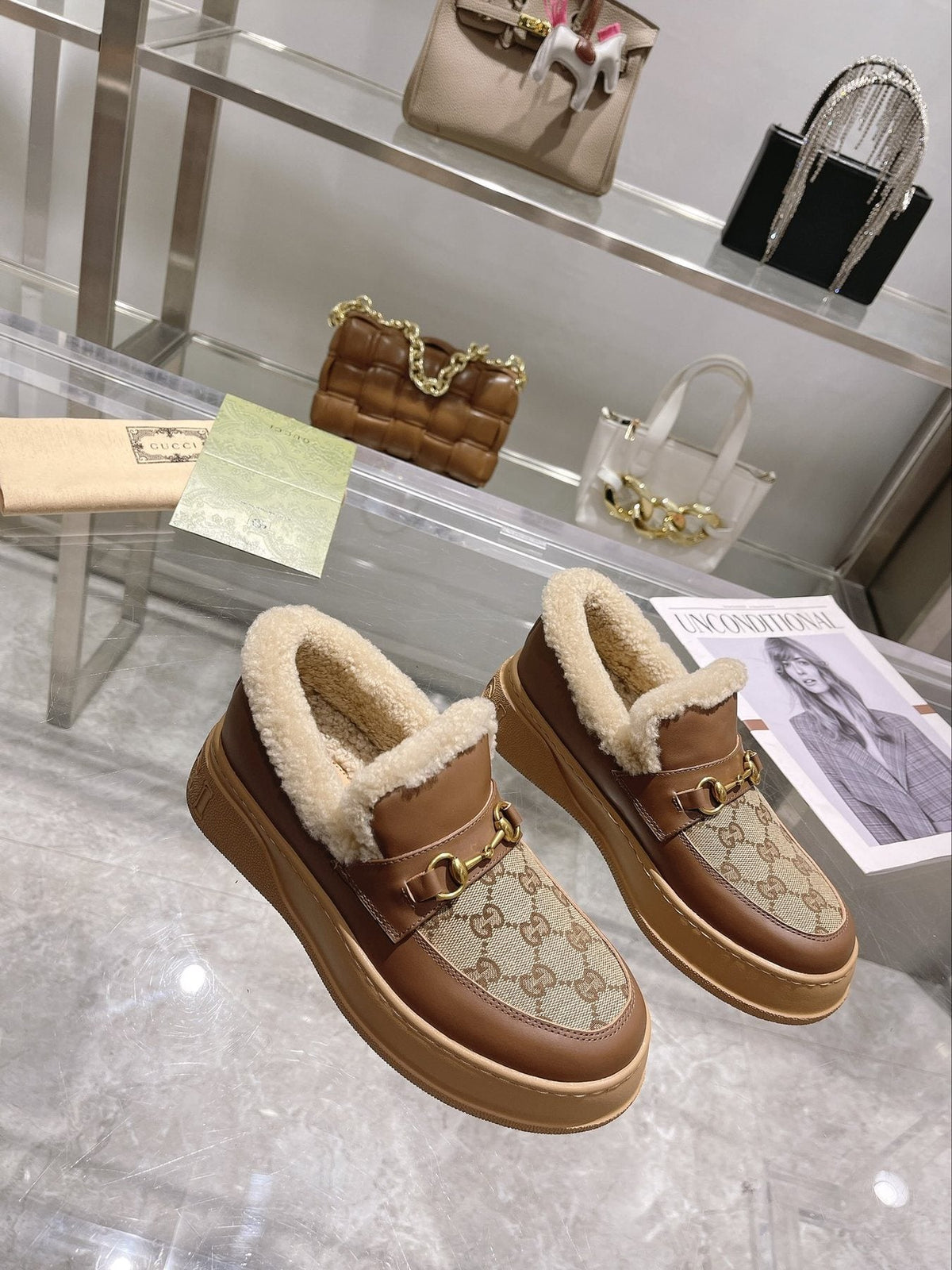 Gucci Patterned Plush-Trim Slip-On Snow Boots — front