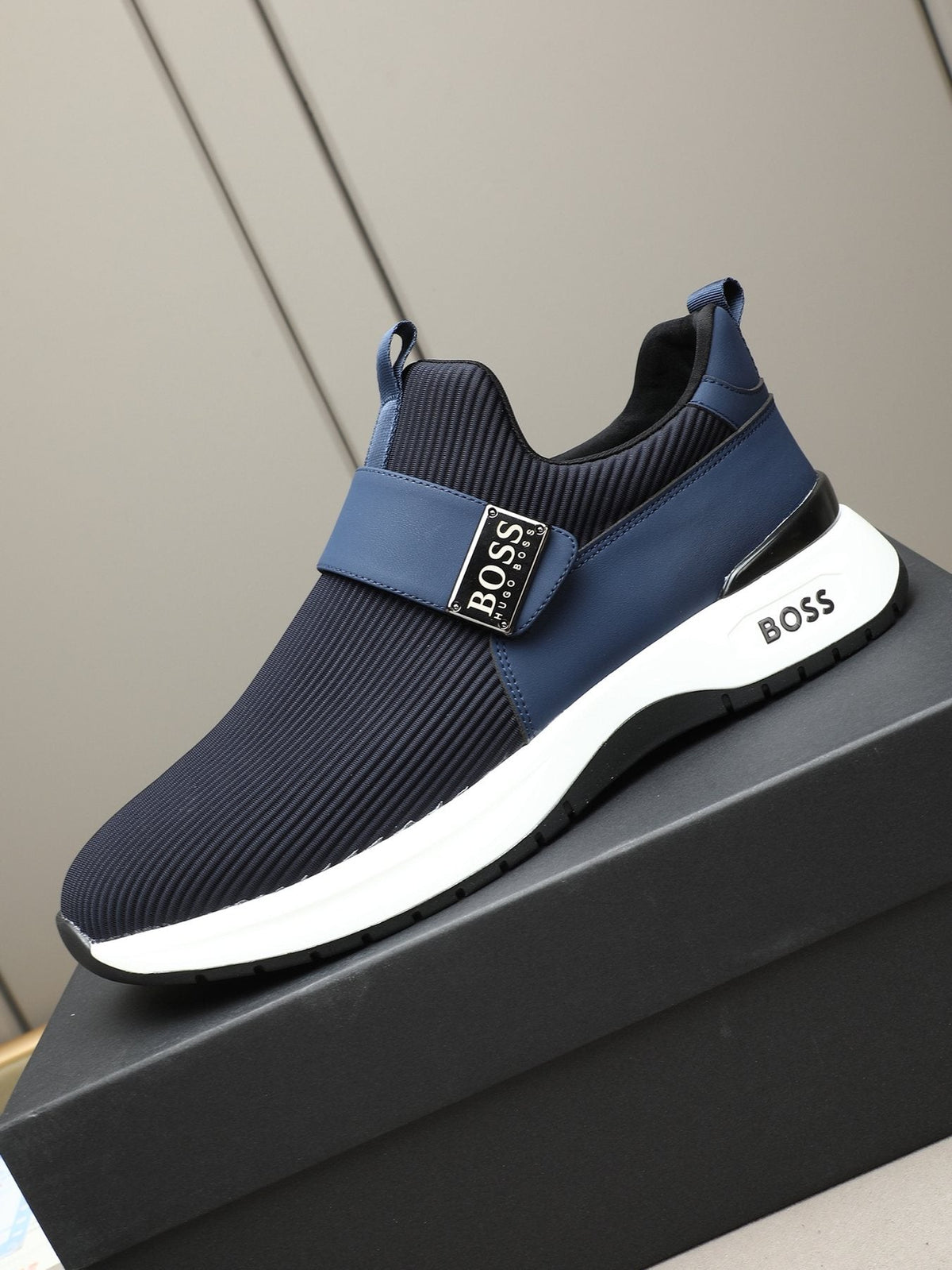 Hugo Boss Ribbed Knit Strap Slip-On Shoes — front