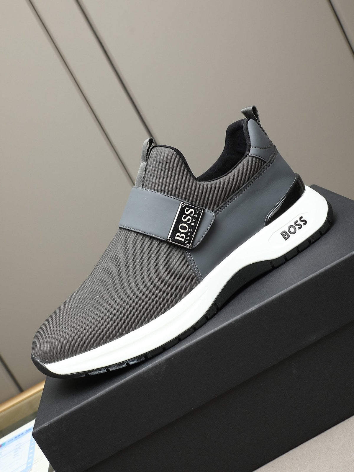 Hugo Boss Ribbed Knit Strap Slip-On Shoes — front