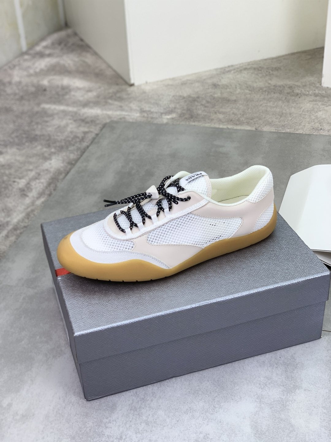 Prada Layered Mesh Lace-Up Sneakers — front