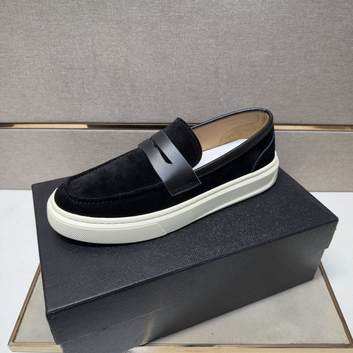 Prada Men's Penny Loafers with White Soles — front