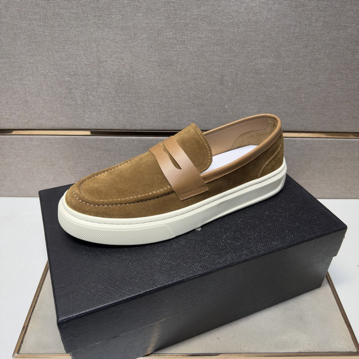 Prada Men's Penny Loafers with White Soles — front