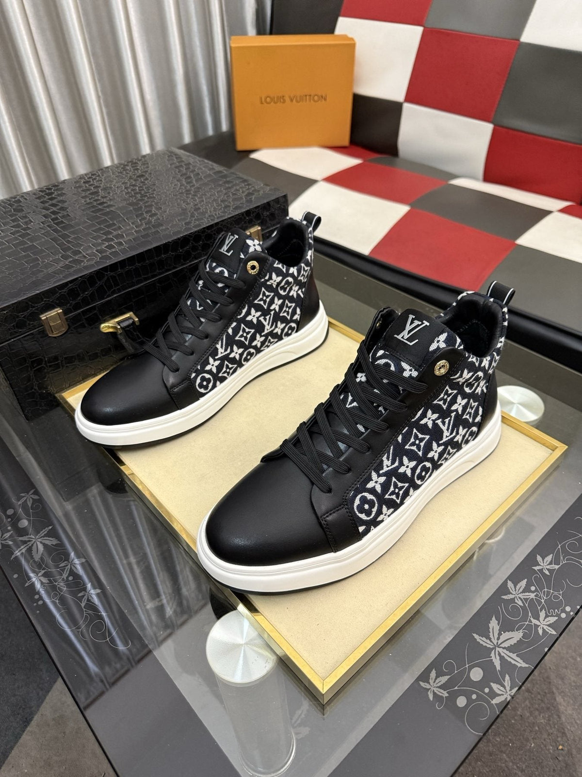Louis Vuitton Patterned Panel High-Top Sneakers — front
