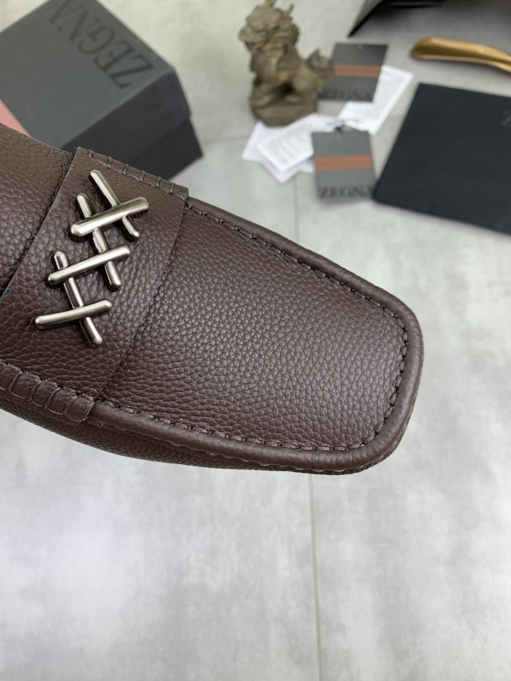 Zegna Square-Toe Leather Loafers with X Accents — detail