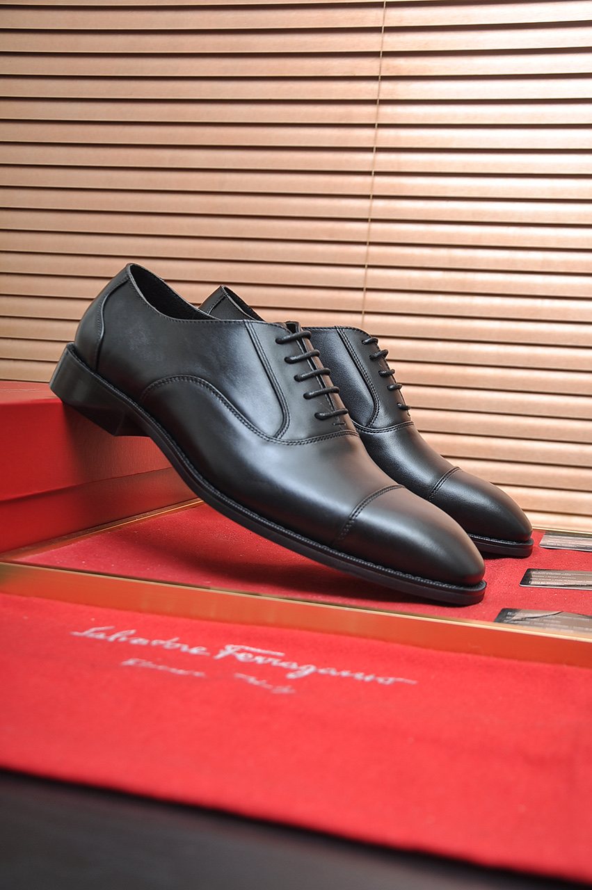 Ferragamo Black Cap-Toe Lace-Up Dress Shoes — front