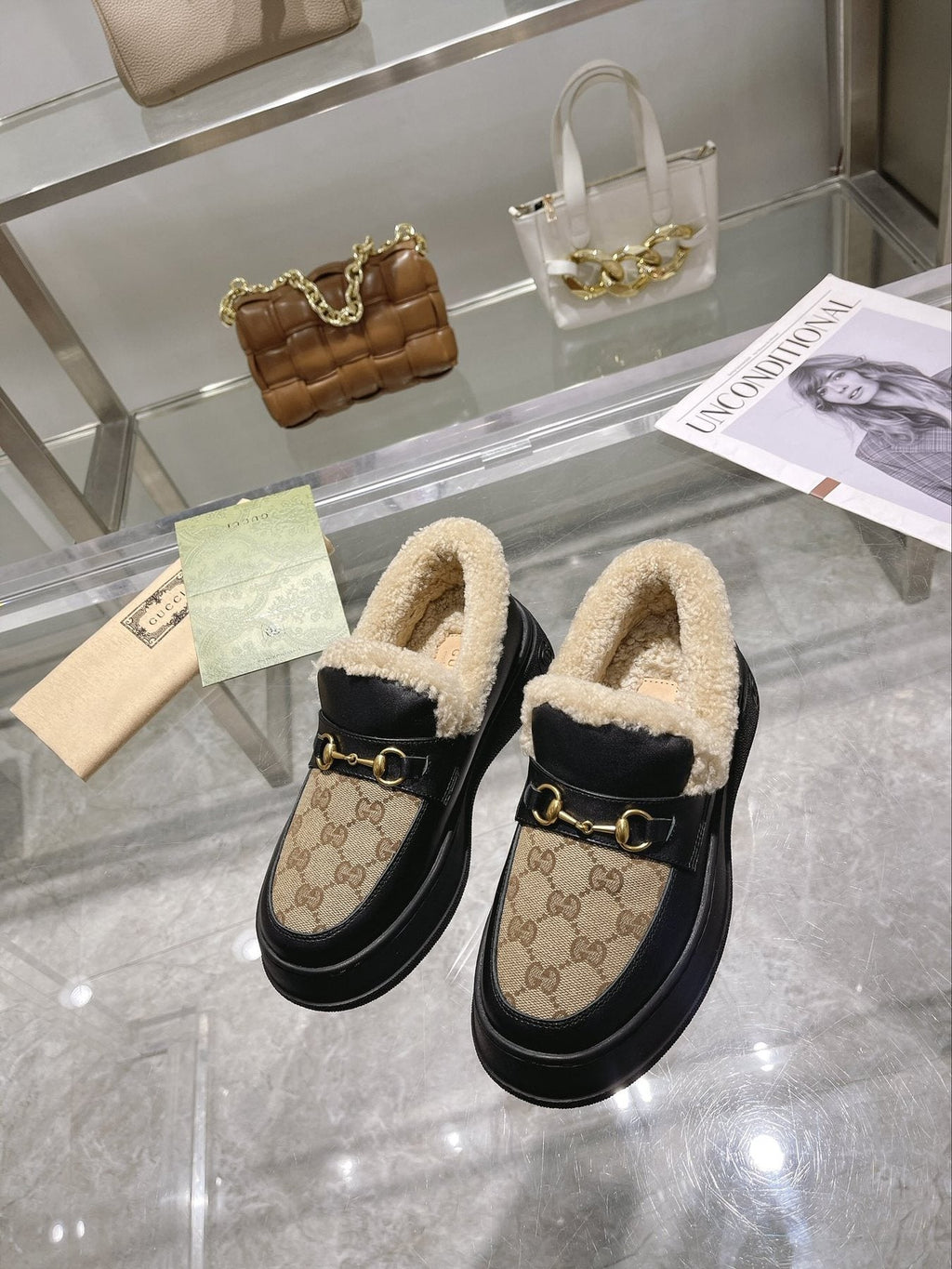 Gucci Patterned Plush-Lined Platform Slip-On Shoes — front