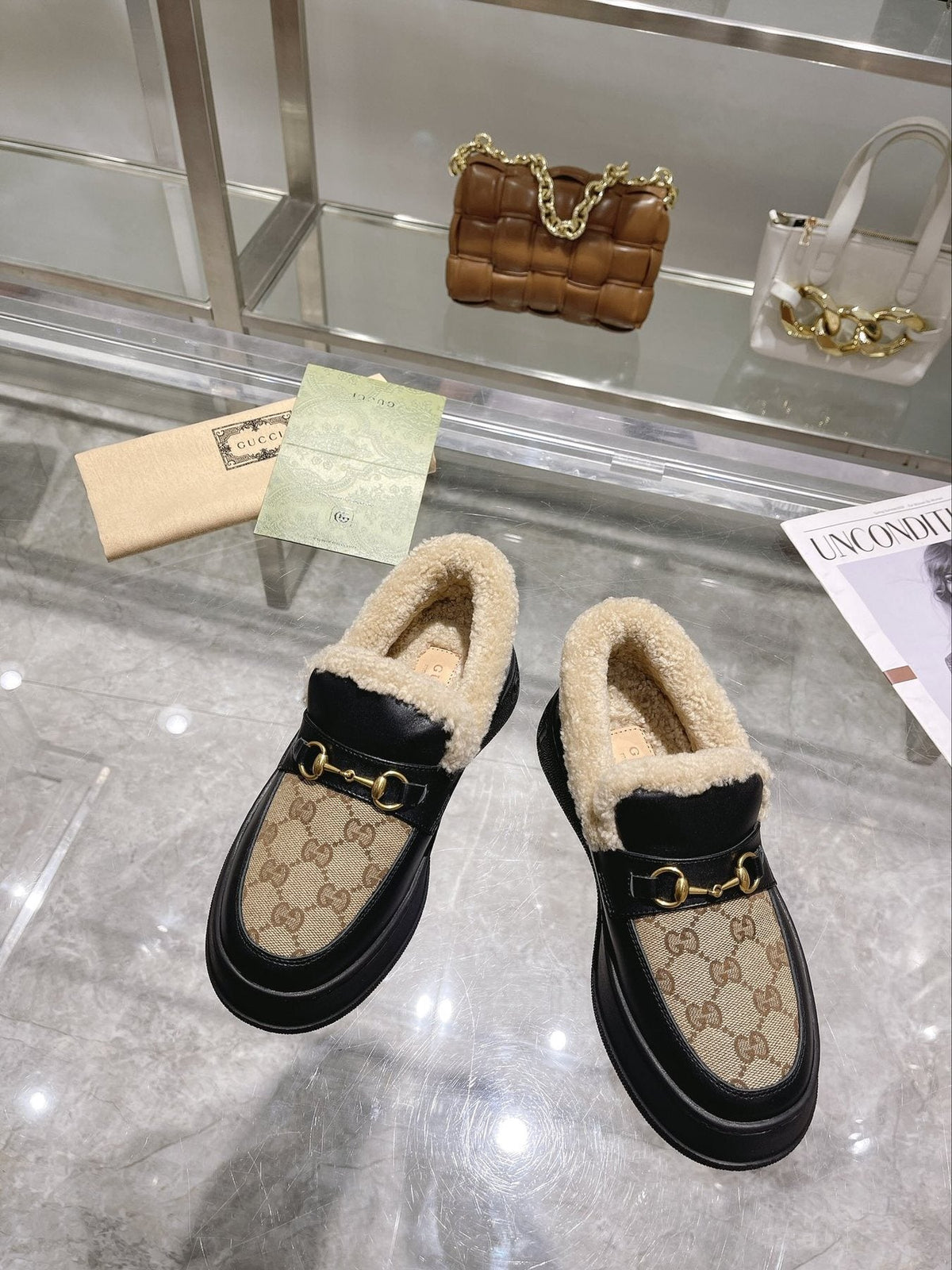 Gucci Patterned Plush-Lined Platform Slip-On Shoes — front
